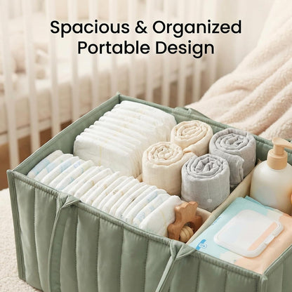 Diaper Caddy Organizer, Quilted Storage Basket with Removable Dividers, Portable Nursery Organizer for Newborn Essentials Car Caddy (Light Green)