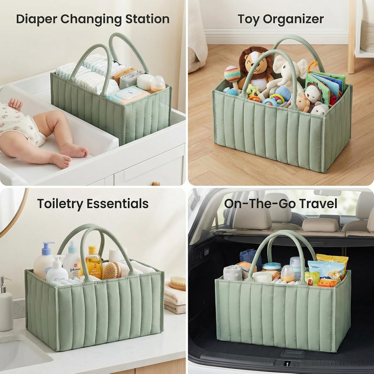 Diaper Caddy Organizer, Quilted Storage Basket with Removable Dividers, Portable Nursery Organizer for Newborn Essentials Car Caddy (Light Green)