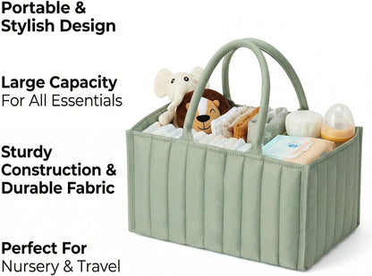 Diaper Caddy Organizer, Quilted Storage Basket with Removable Dividers, Portable Nursery Organizer for Newborn Essentials Car Caddy (Light Green)