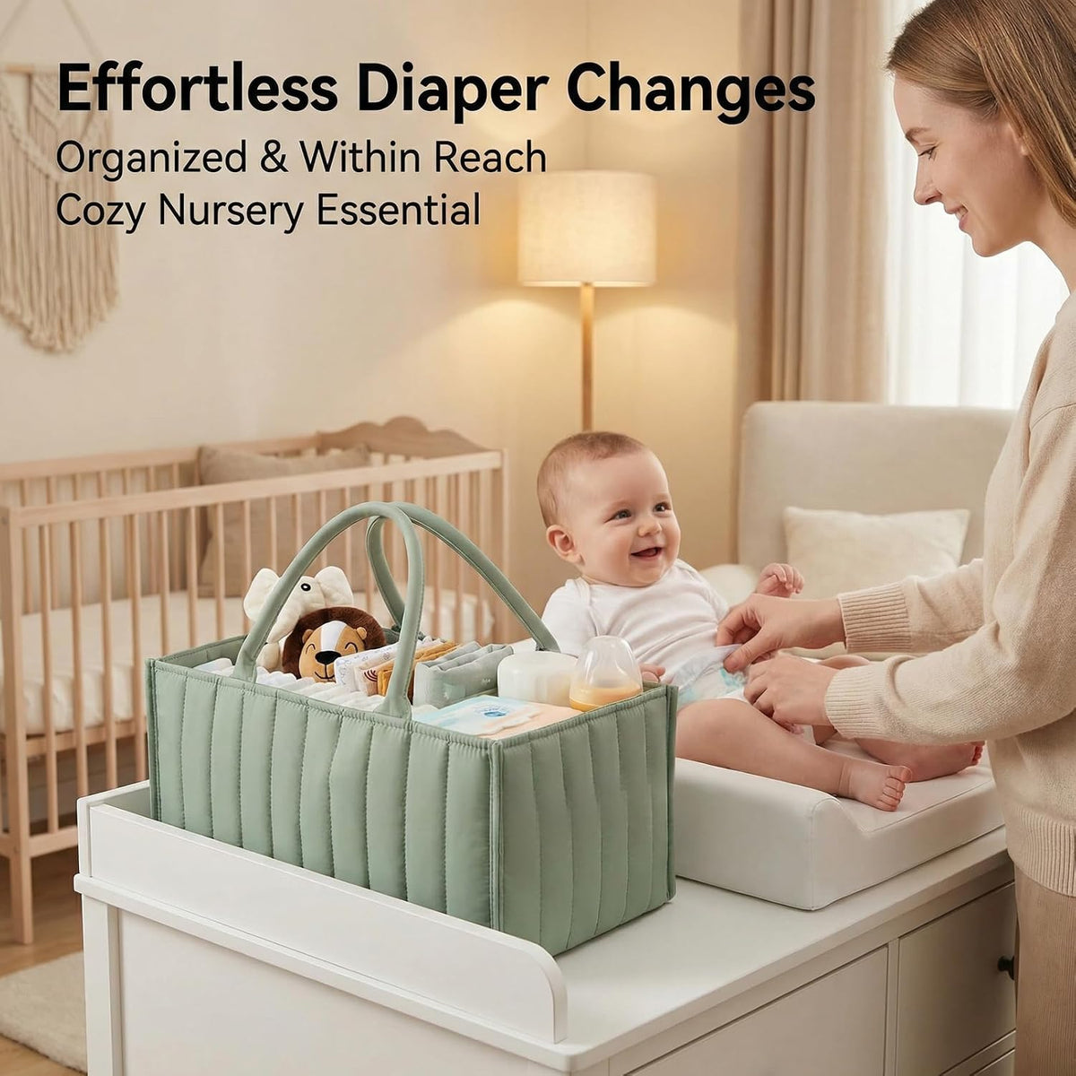 Diaper Caddy Organizer, Quilted Storage Basket with Removable Dividers, Portable Nursery Organizer for Newborn Essentials Car Caddy (Light Green)