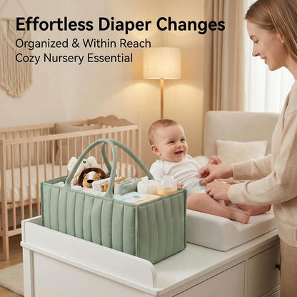 Diaper Caddy Organizer, Quilted Storage Basket with Removable Dividers, Portable Nursery Organizer for Newborn Essentials Car Caddy (Light Green)