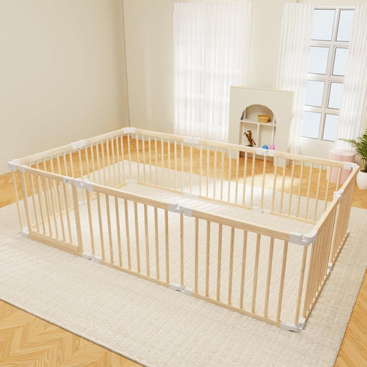 Baby Playpen, 56x83x24.1 inch, Foldable Wooden Play Yard with Gate