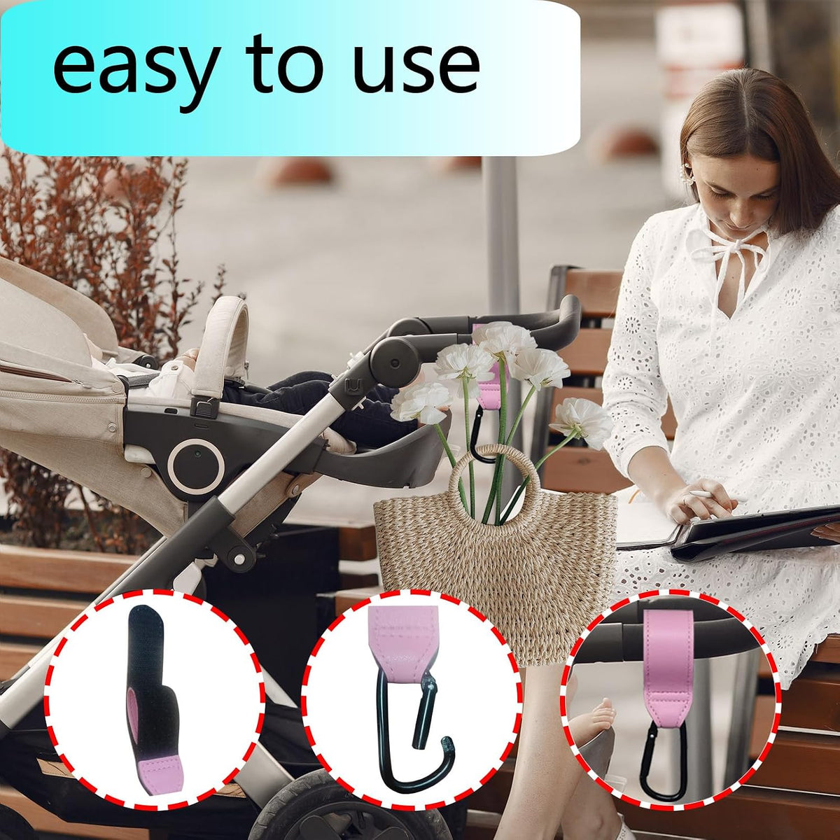 Stroller Hooks, 2 Pack Stroller Clips with Self-Locking Buckle, Hook and Loop Strap for Baby Stroller, Shopping Cart (Black)