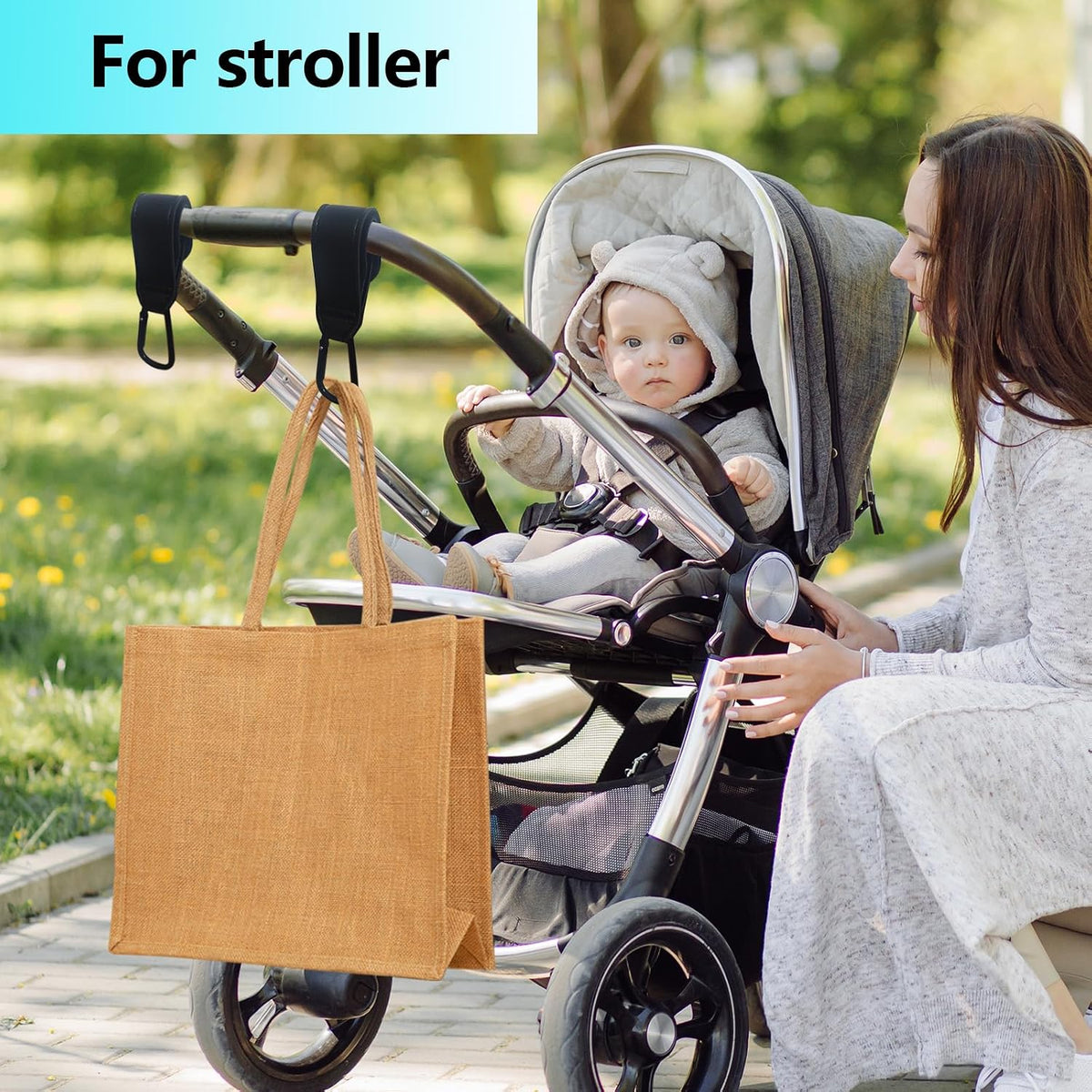 Stroller Hooks, 2 Pack Stroller Clips with Self-Locking Buckle, Hook and Loop Strap for Baby Stroller, Shopping Cart (Black)