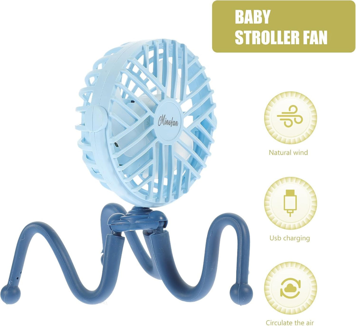 Portable Stroller Fan and Flexible Tripod with Clip-on Design USB Rechargeable 1200mah Battery Operated Silent Fan for Carriage and Wheelchair Use in Park or Zoo