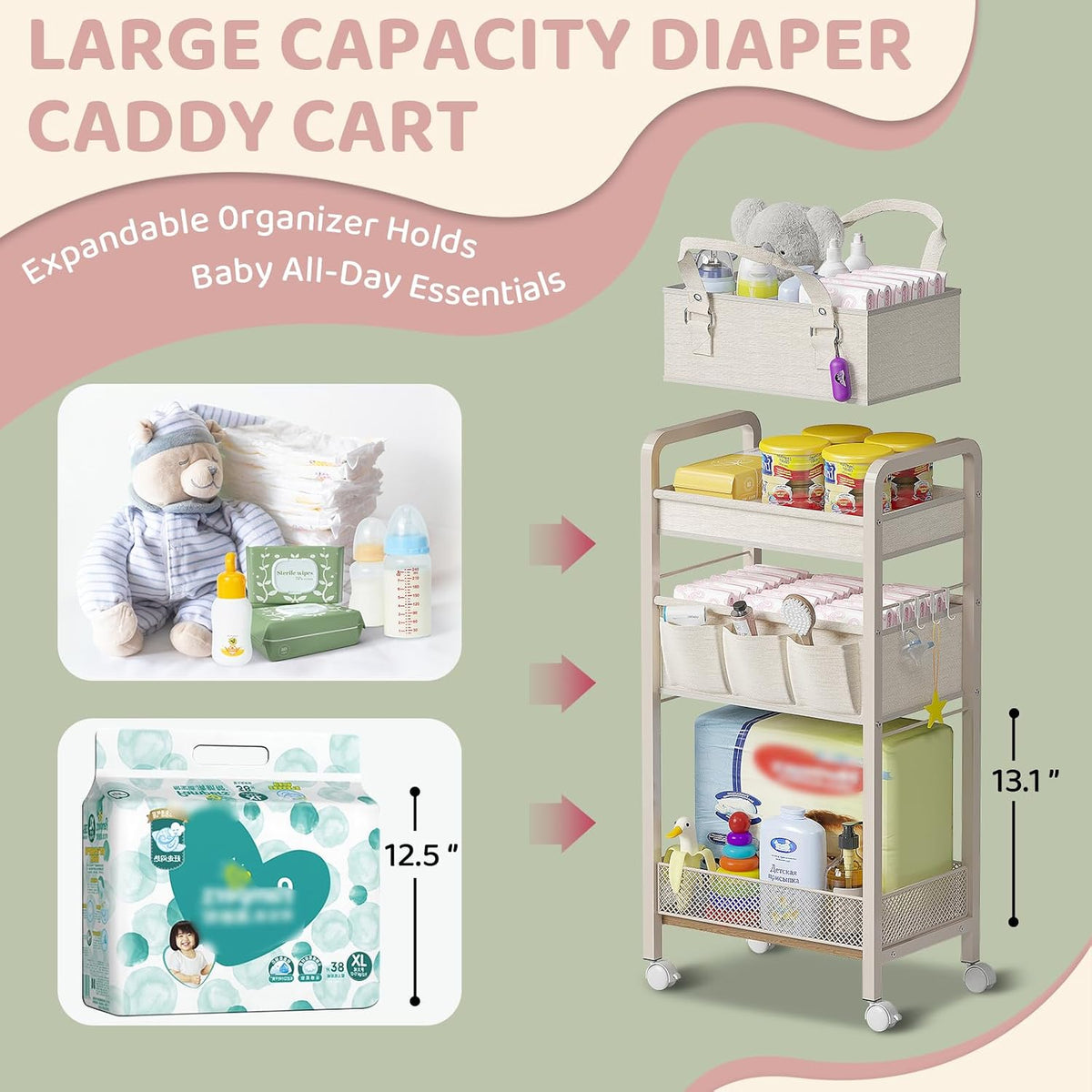 2IN1 Baby Diaper Caddy Organizer-3 Tier Rolling Storage Cart with Dividers - Bedside Diaper Caddy Cart for Baby Nursery Newborn Essentials-Mobile Utility Carts with Wheels for Changing Table