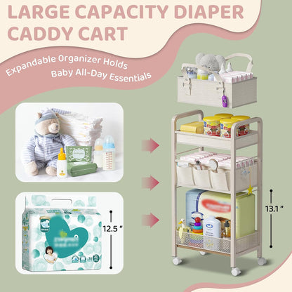 2IN1 Baby Diaper Caddy Organizer-3 Tier Rolling Storage Cart with Dividers - Bedside Diaper Caddy Cart for Baby Nursery Newborn Essentials-Mobile Utility Carts with Wheels for Changing Table