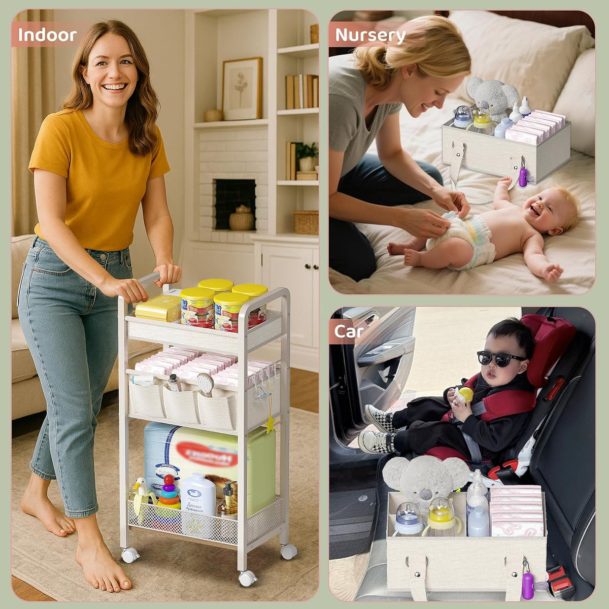 2IN1 Baby Diaper Caddy Organizer-3 Tier Rolling Storage Cart with Dividers - Bedside Diaper Caddy Cart for Baby Nursery Newborn Essentials-Mobile Utility Carts with Wheels for Changing Table