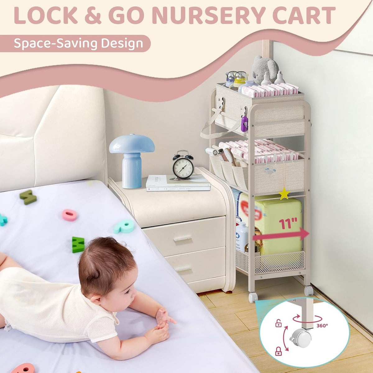 2IN1 Baby Diaper Caddy Organizer-3 Tier Rolling Storage Cart with Dividers - Bedside Diaper Caddy Cart for Baby Nursery Newborn Essentials-Mobile Utility Carts with Wheels for Changing Table