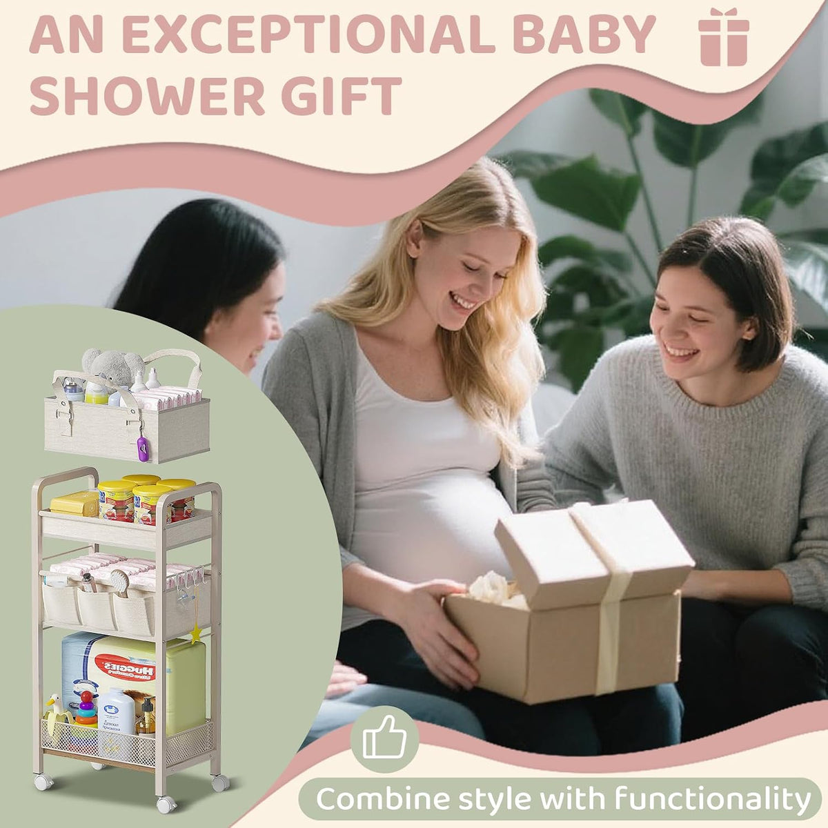 2IN1 Baby Diaper Caddy Organizer-3 Tier Rolling Storage Cart with Dividers - Bedside Diaper Caddy Cart for Baby Nursery Newborn Essentials-Mobile Utility Carts with Wheels for Changing Table