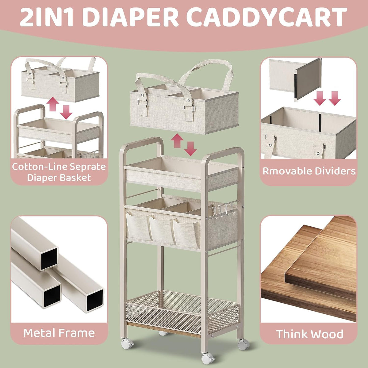 2IN1 Baby Diaper Caddy Organizer-3 Tier Rolling Storage Cart with Dividers - Bedside Diaper Caddy Cart for Baby Nursery Newborn Essentials-Mobile Utility Carts with Wheels for Changing Table