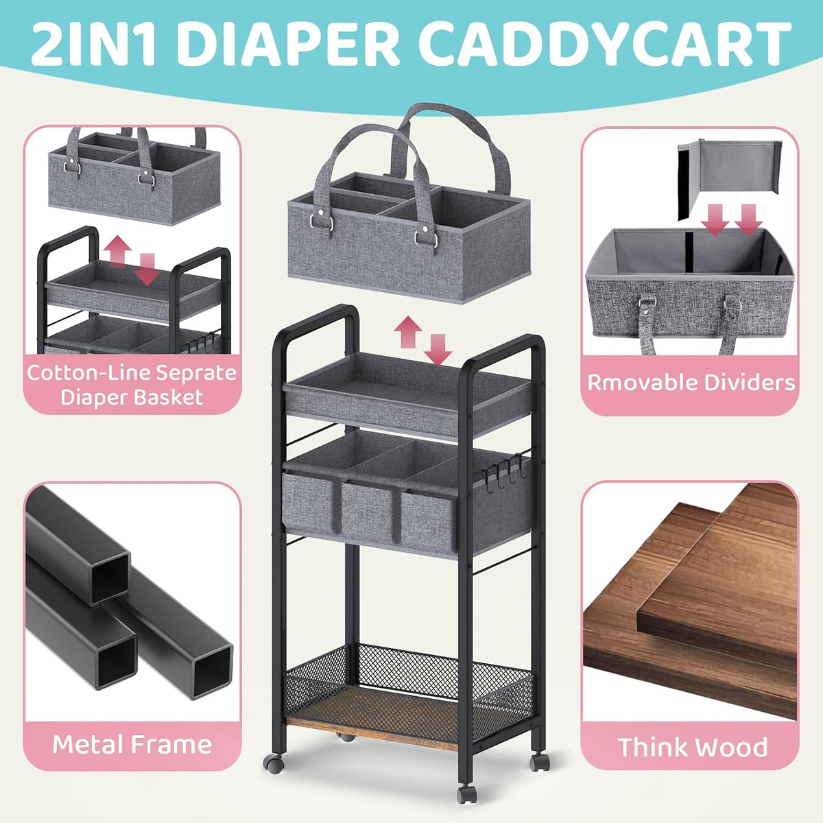 2IN1 Baby Diaper Caddy Organizer-3 Tier Rolling Storage Cart with Dividers - Bedside Diaper Caddy Cart for Baby Nursery Newborn Essentials-Mobile Utility Carts with Wheels for Changing Table
