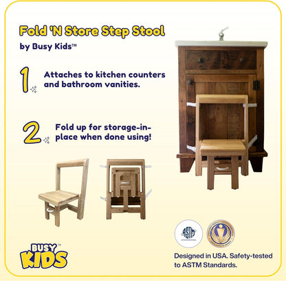 Fold 'N Store Step Stool for Toddlers, Wood Step Stool Kitchen & Bathroom Accessories, Child's Folding Helper for Hand Washing, Teeth Brushing, Holds up to 75 lbs. (Natural)