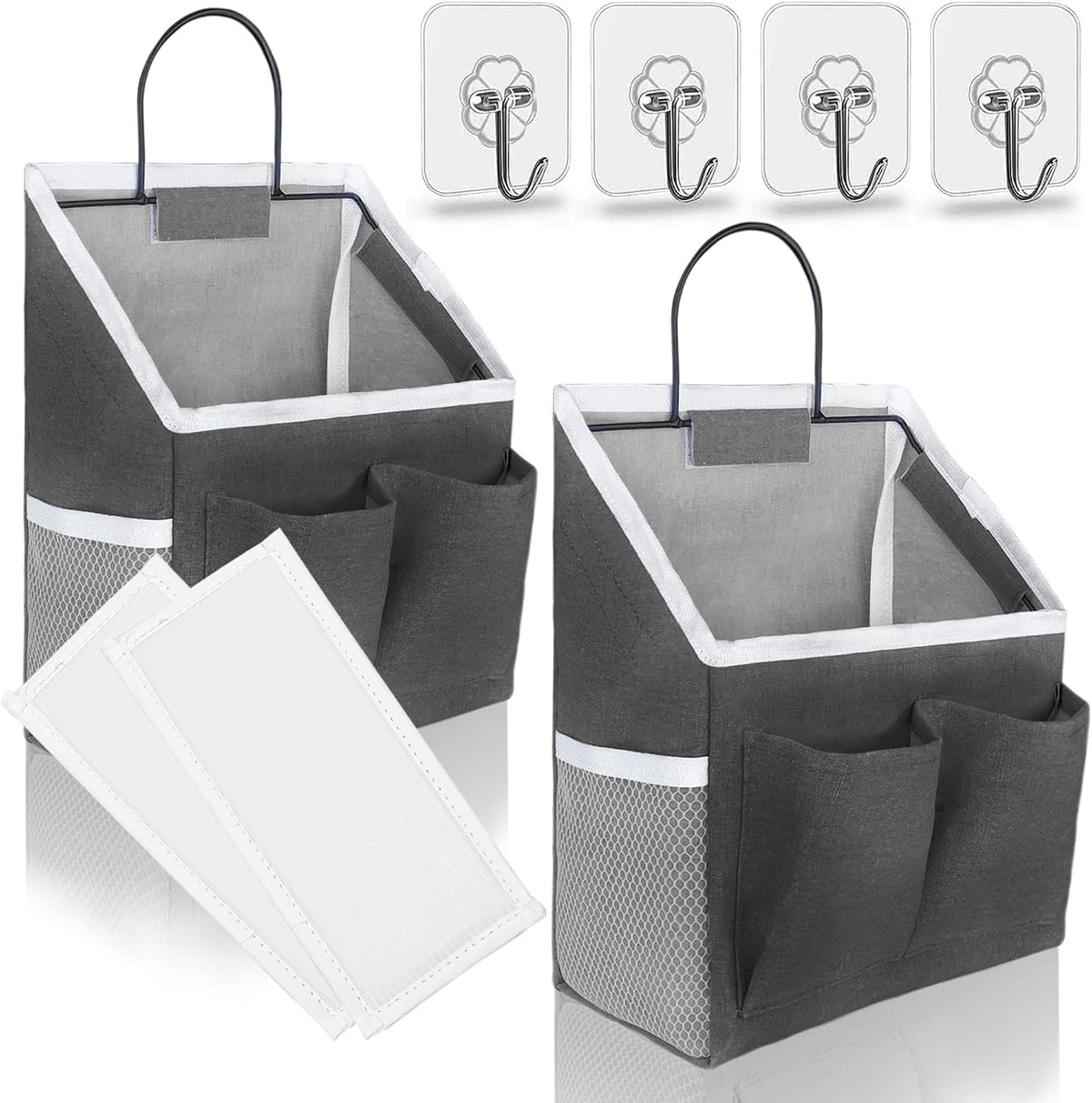 Wall Hanging Organizer Bag, Linen Fabric Door Hanging Storage Basket with Pockets, Waterproof Bin for Kitchen, Bedroom, Office, RV Camper (White-Upgraded)