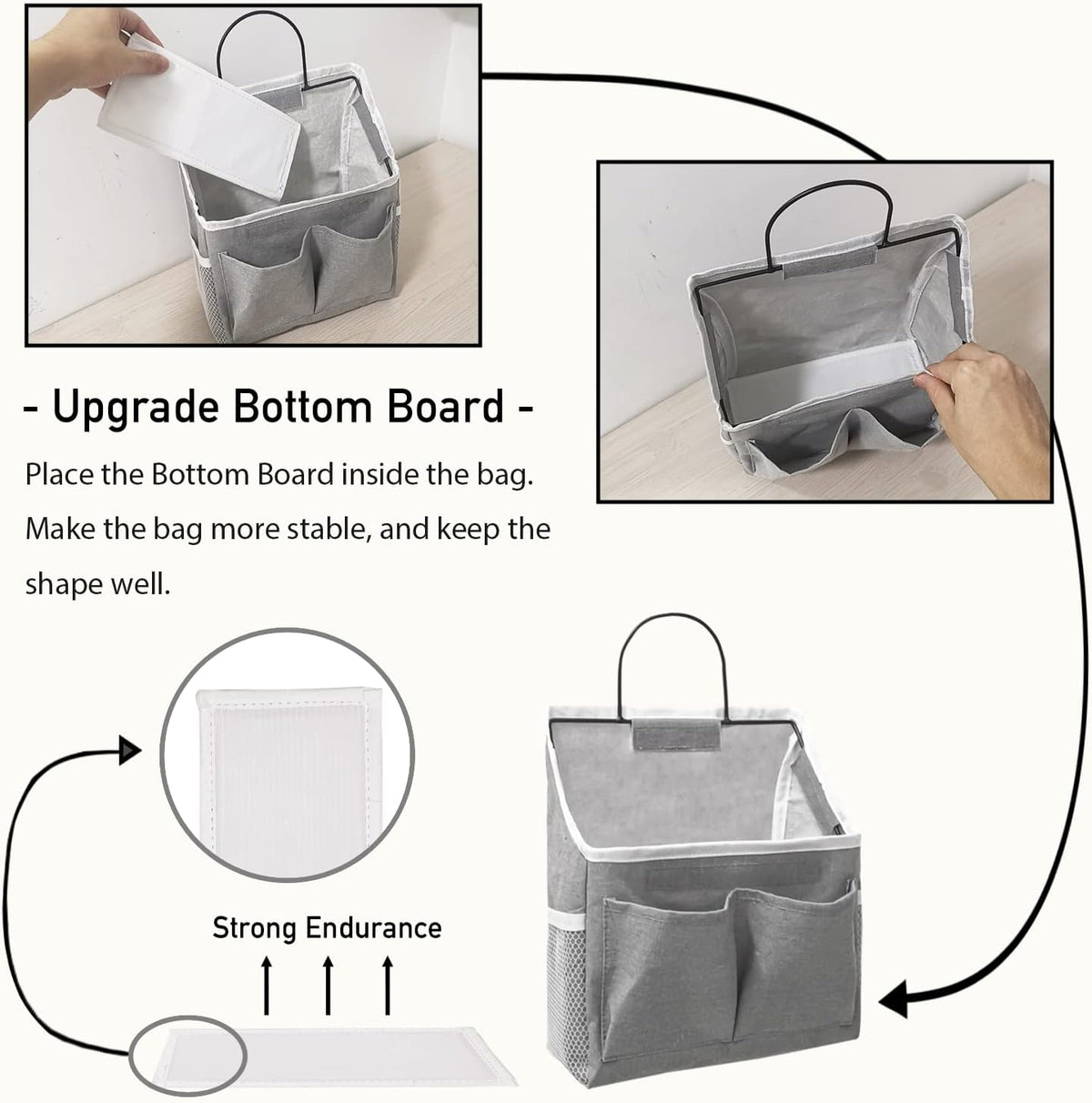 Wall Hanging Organizer Bag, Linen Fabric Door Hanging Storage Basket with Pockets, Waterproof Bin for Kitchen, Bedroom, Office, RV Camper (White-Upgraded)