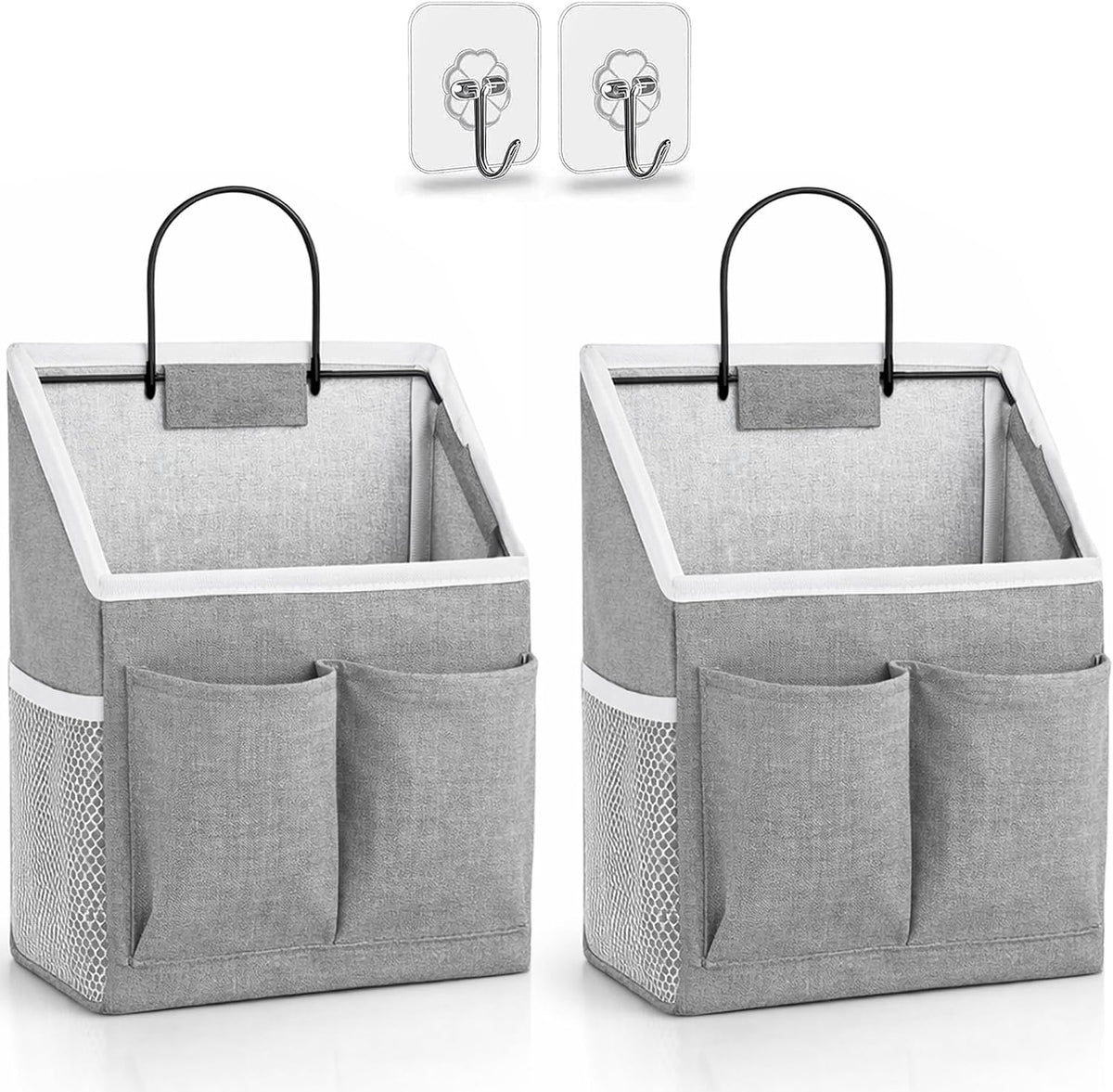 Wall Hanging Organizer Bag, Linen Fabric Door Hanging Storage Basket with Pockets, Waterproof Bin for Kitchen, Bedroom, Office, RV Camper (White-Upgraded)