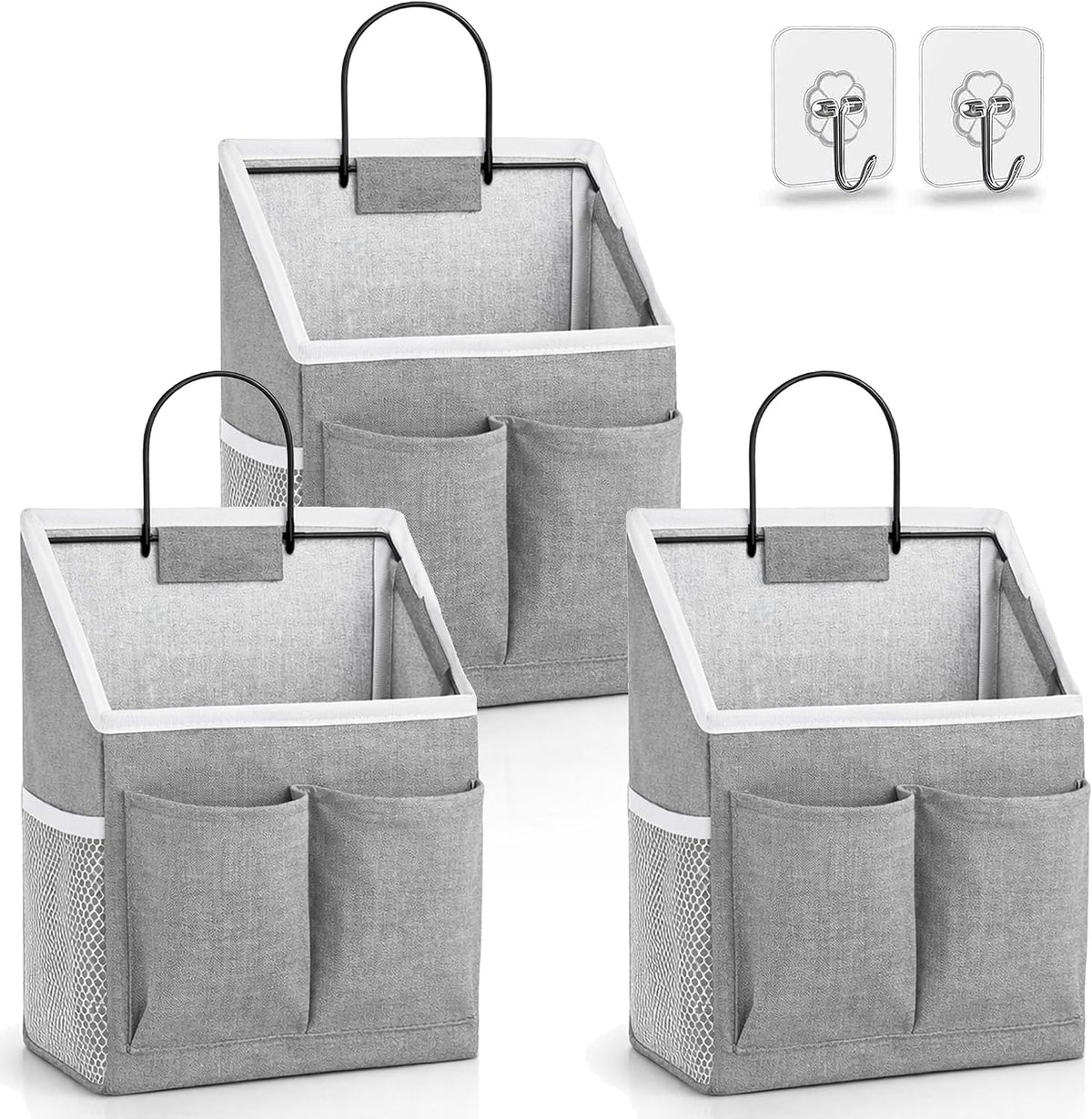 Wall Hanging Organizer Bag, Linen Fabric Door Hanging Storage Basket with Pockets, Waterproof Bin for Kitchen, Bedroom, Office, RV Camper (White-Upgraded)