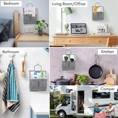 Wall Hanging Organizer Bag, Linen Fabric Door Hanging Storage Basket with Pockets, Waterproof Bin for Kitchen, Bedroom, Office, RV Camper (White-Upgraded)
