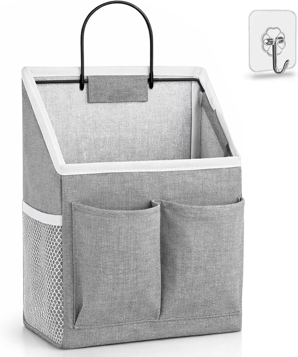 Wall Hanging Organizer Bag, Linen Fabric Door Hanging Storage Basket with Pockets, Waterproof Bin for Kitchen, Bedroom, Office, RV Camper (White-Upgraded)