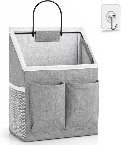 Wall Hanging Organizer Bag, Linen Fabric Door Hanging Storage Basket with Pockets, Waterproof Bin for Kitchen, Bedroom, Office, RV Camper (White-Upgraded)
