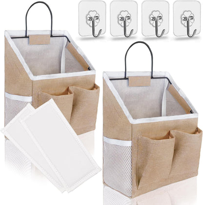 Wall Hanging Organizer Bag, Linen Fabric Door Hanging Storage Basket with Pockets, Waterproof Bin for Kitchen, Bedroom, Office, RV Camper (White-Upgraded)