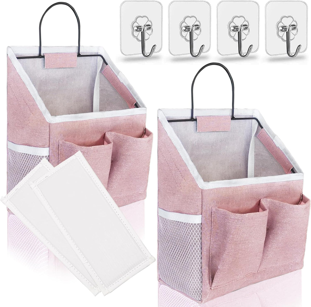 Wall Hanging Organizer Bag, Linen Fabric Door Hanging Storage Basket with Pockets, Waterproof Bin for Kitchen, Bedroom, Office, RV Camper (White-Upgraded)