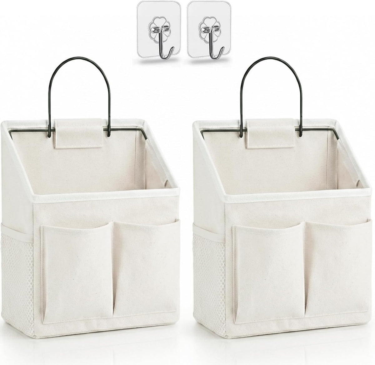 Wall Hanging Organizer Bag, Linen Fabric Door Hanging Storage Basket with Pockets, Waterproof Bin for Kitchen, Bedroom, Office, RV Camper (White-Upgraded)