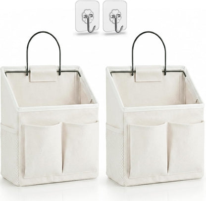 Wall Hanging Organizer Bag, Linen Fabric Door Hanging Storage Basket with Pockets, Waterproof Bin for Kitchen, Bedroom, Office, RV Camper (White-Upgraded)