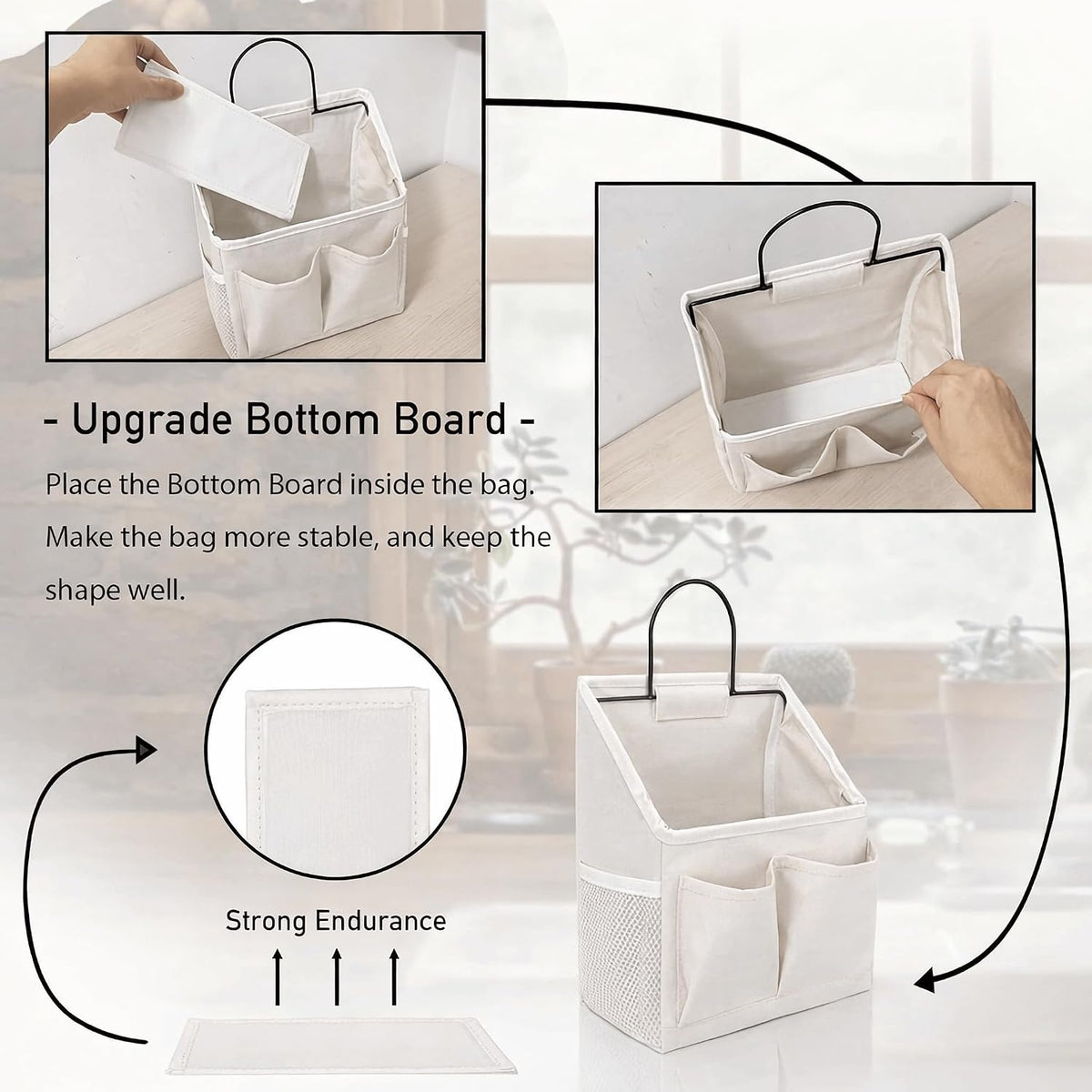 Wall Hanging Organizer Bag, Linen Fabric Door Hanging Storage Basket with Pockets, Waterproof Bin for Kitchen, Bedroom, Office, RV Camper (White-Upgraded)