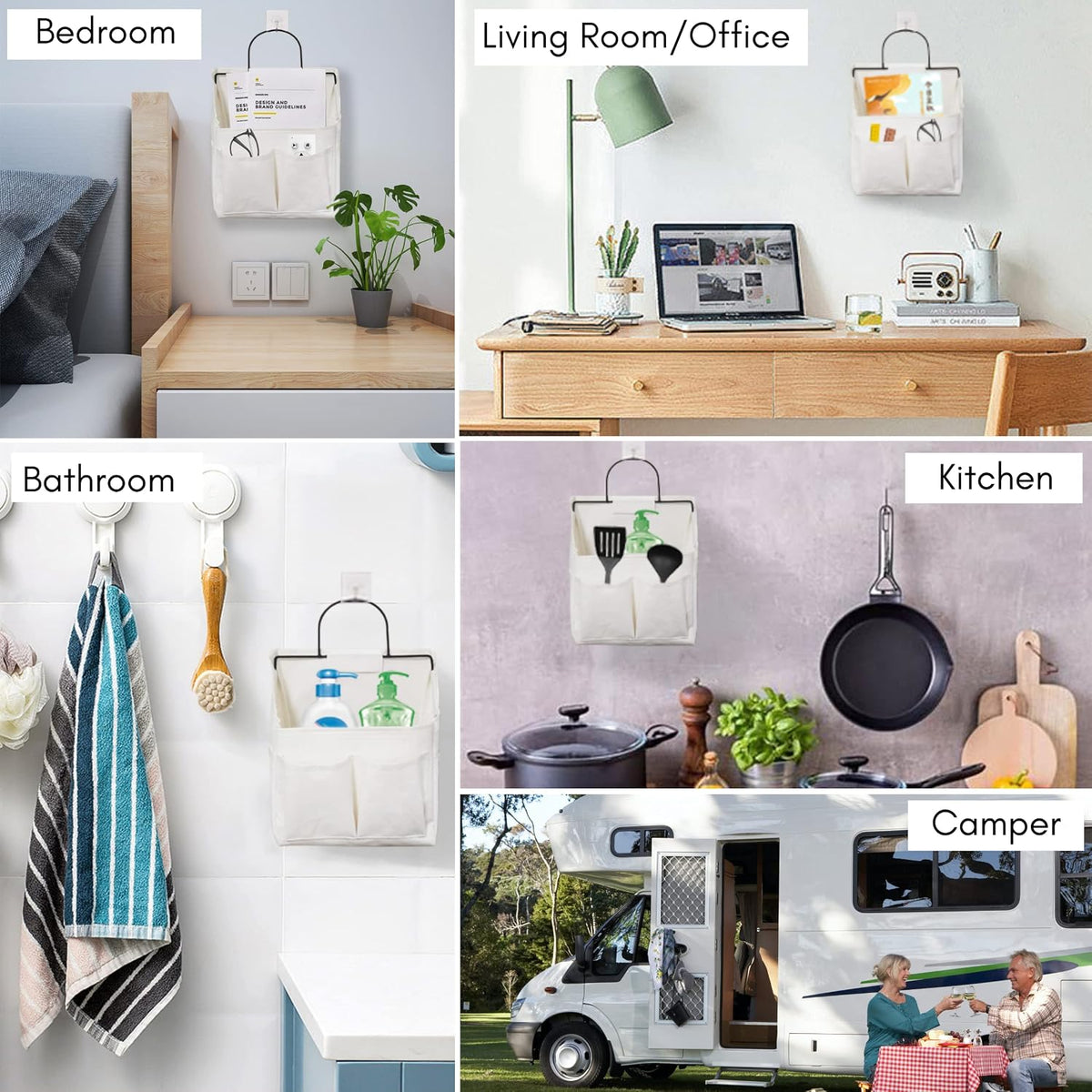 Wall Hanging Organizer Bag, Linen Fabric Door Hanging Storage Basket with Pockets, Waterproof Bin for Kitchen, Bedroom, Office, RV Camper (White-Upgraded)
