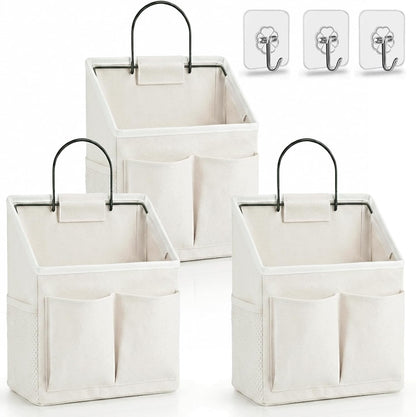 Wall Hanging Organizer Bag, Linen Fabric Door Hanging Storage Basket with Pockets, Waterproof Bin for Kitchen, Bedroom, Office, RV Camper (White-Upgraded)