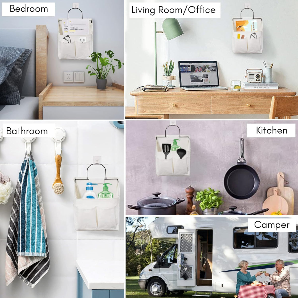 Wall Hanging Organizer Bag, Linen Fabric Door Hanging Storage Basket with Pockets, Waterproof Bin for Kitchen, Bedroom, Office, RV Camper (White-Upgraded)