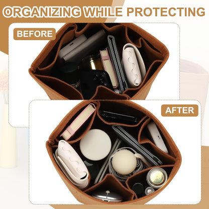 Purse Organizer Insert, 8" x 8" Portable Felt Organizer Bags Round Multiple Compartments Purse Liner for Bucket Bag, Domed Satchel, Tote Bag, Handbag Shaper, Beige