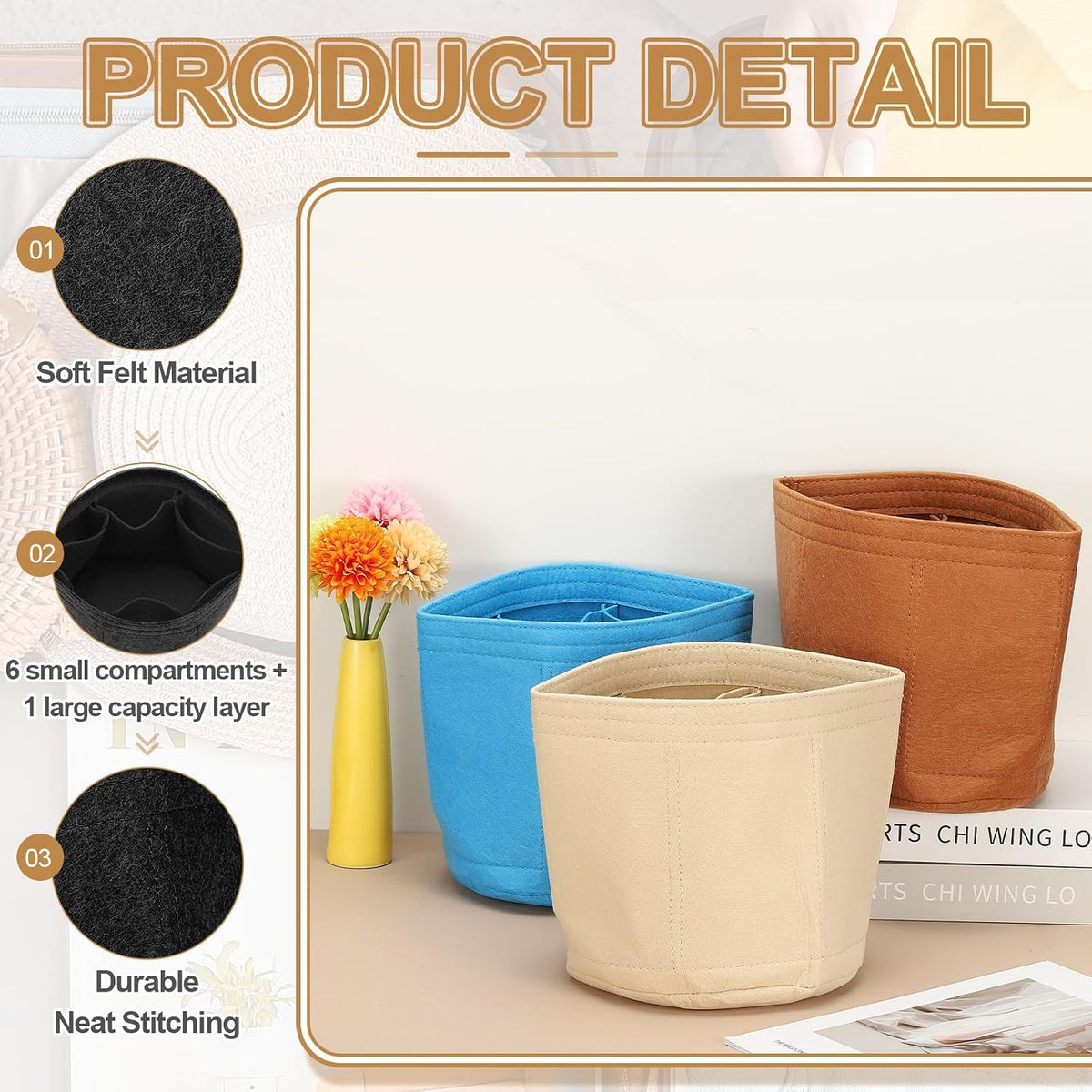 Purse Organizer Insert, 8" x 8" Portable Felt Organizer Bags Round Multiple Compartments Purse Liner for Bucket Bag, Domed Satchel, Tote Bag, Handbag Shaper, Beige