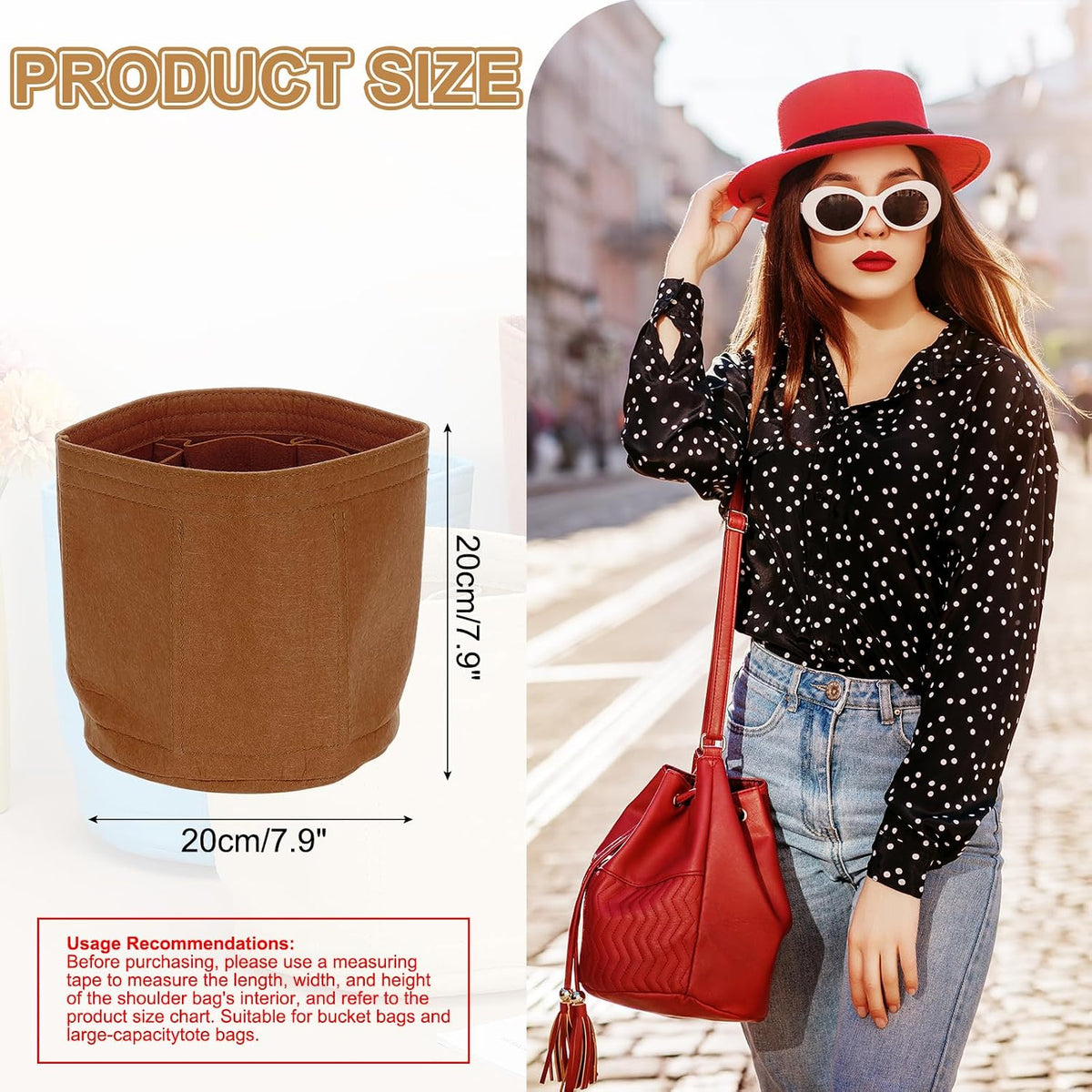 Purse Organizer Insert, 8" x 8" Portable Felt Organizer Bags Round Multiple Compartments Purse Liner for Bucket Bag, Domed Satchel, Tote Bag, Handbag Shaper, Beige