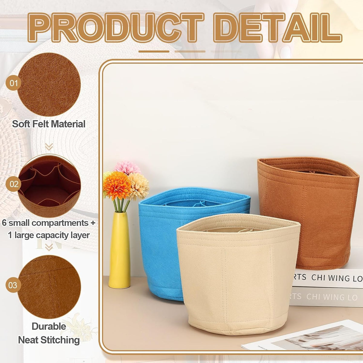 Purse Organizer Insert, 8" x 8" Portable Felt Organizer Bags Round Multiple Compartments Purse Liner for Bucket Bag, Domed Satchel, Tote Bag, Handbag Shaper, Beige