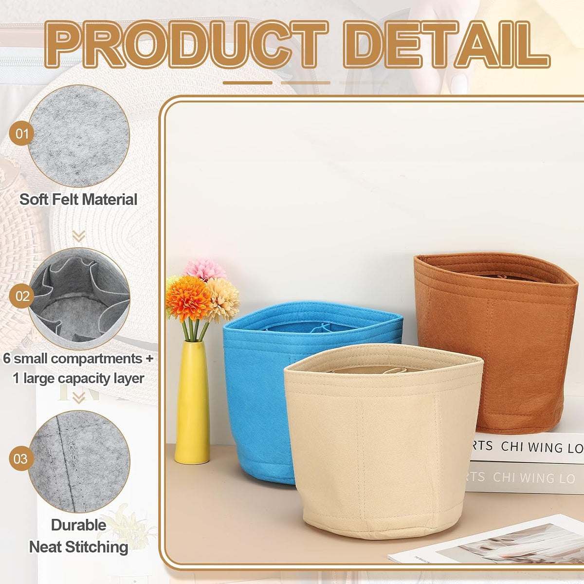 Purse Organizer Insert, 8" x 8" Portable Felt Organizer Bags Round Multiple Compartments Purse Liner for Bucket Bag, Domed Satchel, Tote Bag, Handbag Shaper, Beige