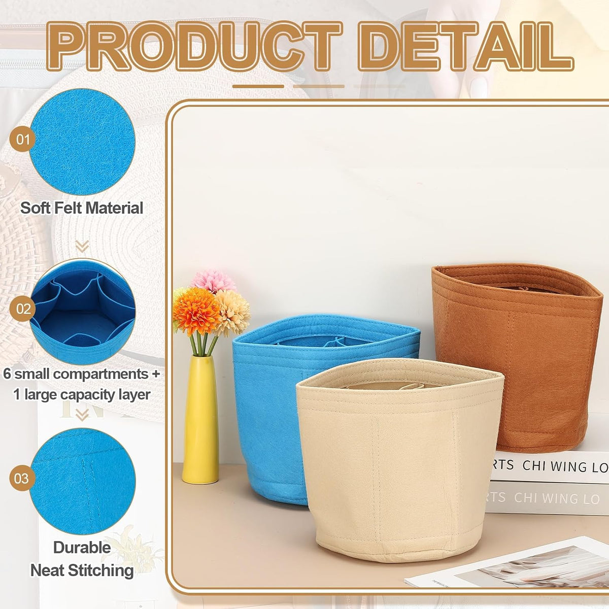 Purse Organizer Insert, 8" x 8" Portable Felt Organizer Bags Round Multiple Compartments Purse Liner for Bucket Bag, Domed Satchel, Tote Bag, Handbag Shaper, Beige