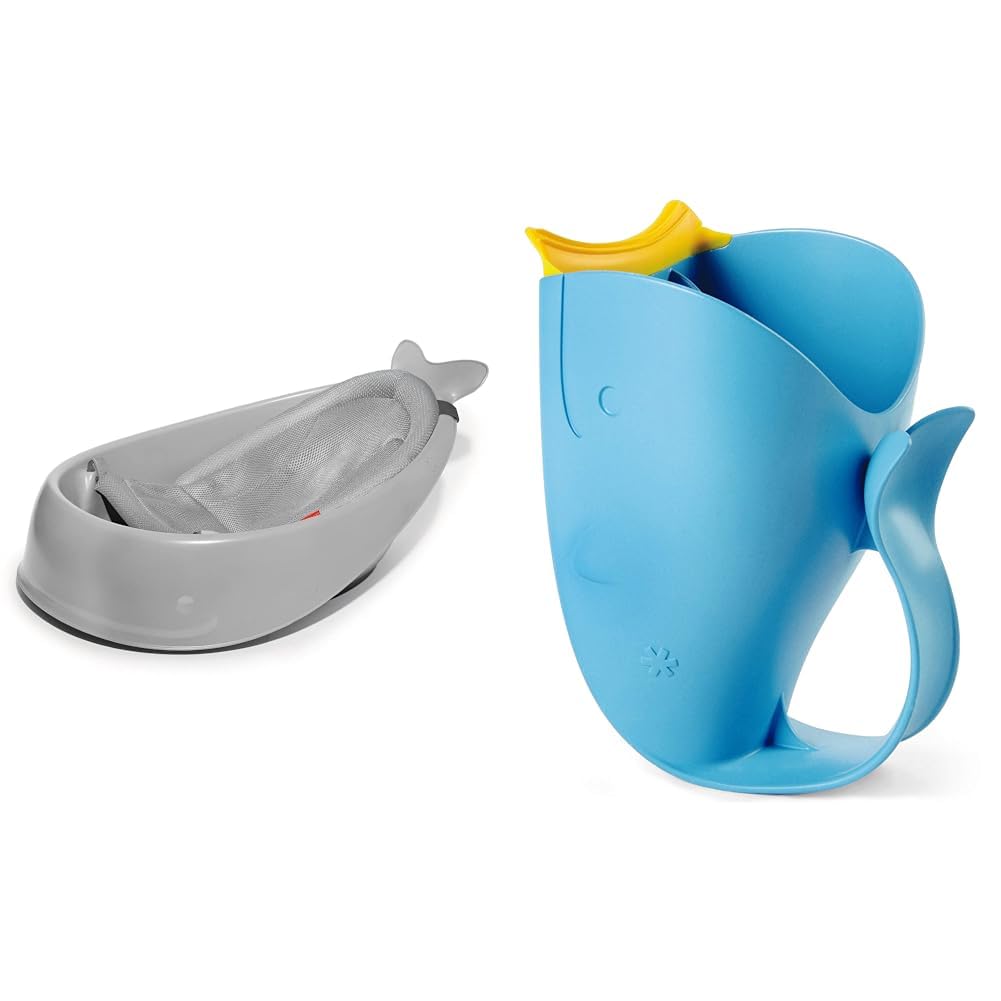 Baby Bath Tub, 3-Stage Smart Sling Tub, Moby, Grey & Baby Bath Rinse Cup, Moby Tear-Free Waterfall Rinser, Blue