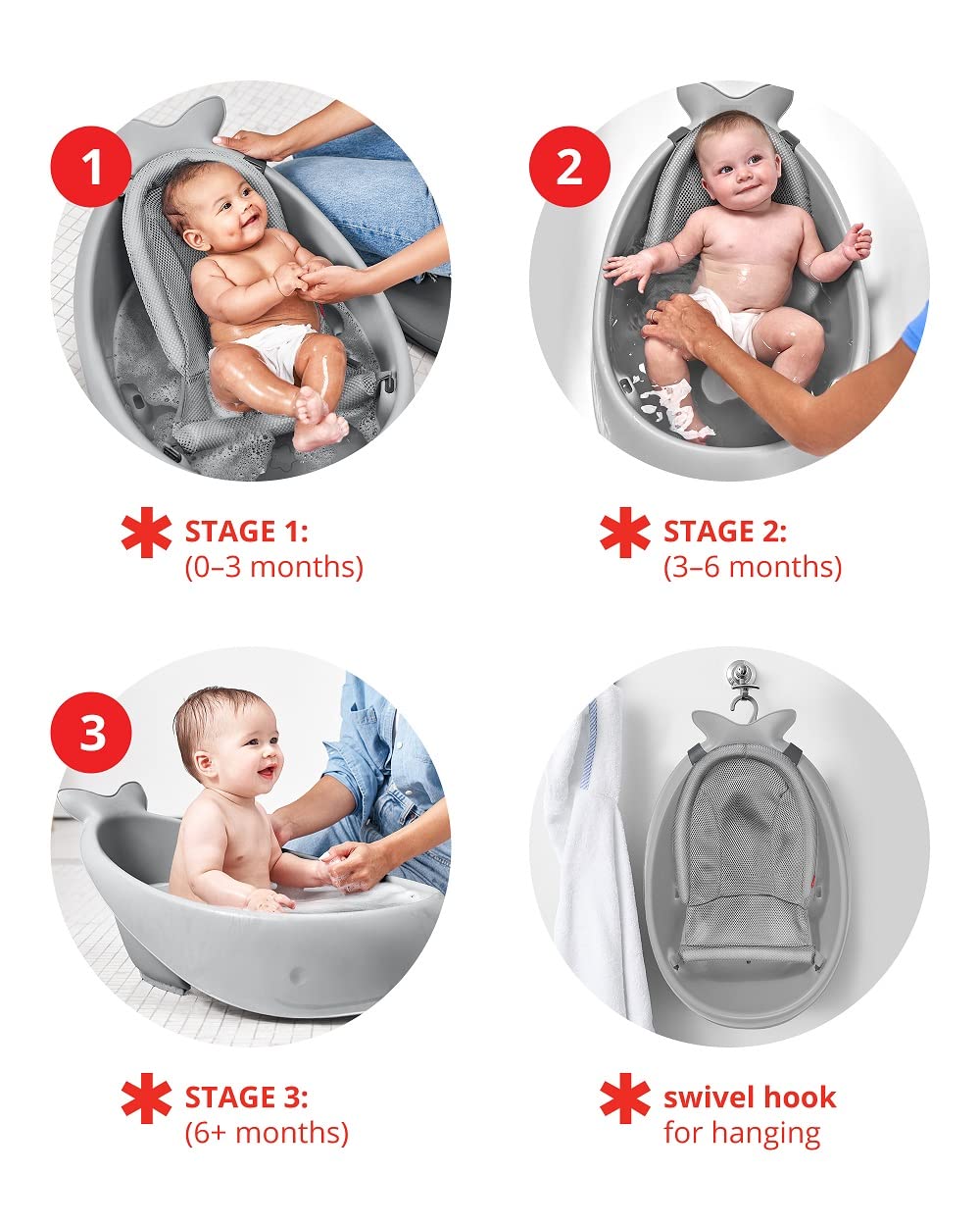 Baby Bath Tub, 3-Stage Smart Sling Tub, Moby, Grey & Baby Bath Rinse Cup, Moby Tear-Free Waterfall Rinser, Blue