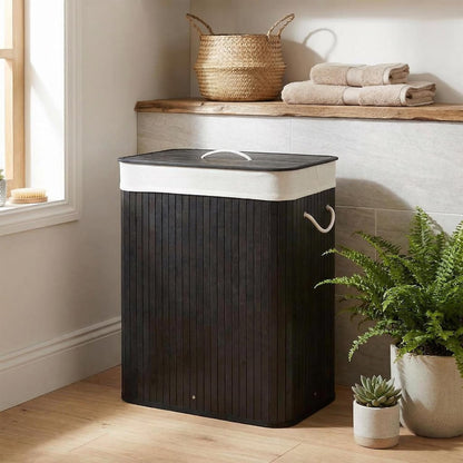 Corner Bamboo Laundry Hamper with Lid – 15.3 Gal / 58 L Large Capacity Laundry Basket, Removable Machine Washable Liner, Sturdy Handles, for Bedroom, Bathroom, Laundry Room, Natural