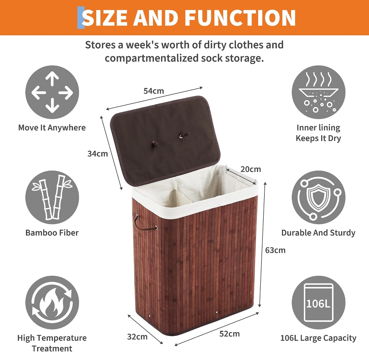 Corner Bamboo Laundry Hamper with Lid – 15.3 Gal / 58 L Large Capacity Laundry Basket, Removable Machine Washable Liner, Sturdy Handles, for Bedroom, Bathroom, Laundry Room, Natural