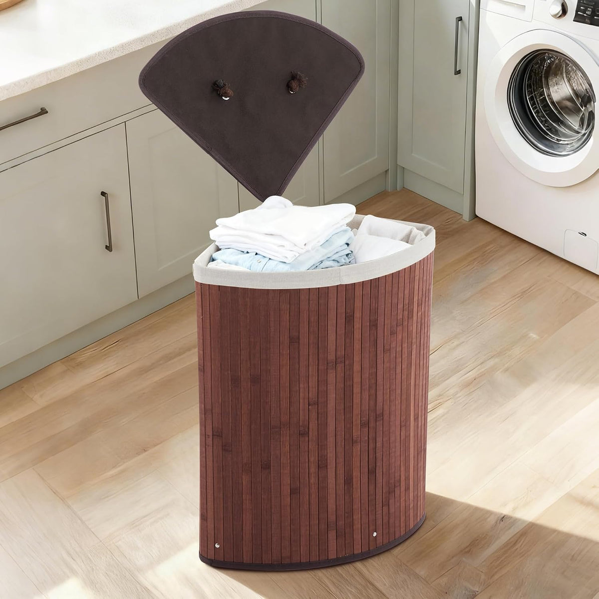 Corner Bamboo Laundry Hamper with Lid – 15.3 Gal / 58 L Large Capacity Laundry Basket, Removable Machine Washable Liner, Sturdy Handles, for Bedroom, Bathroom, Laundry Room, Natural
