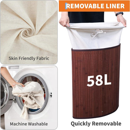 Corner Bamboo Laundry Hamper with Lid – 15.3 Gal / 58 L Large Capacity Laundry Basket, Removable Machine Washable Liner, Sturdy Handles, for Bedroom, Bathroom, Laundry Room, Natural