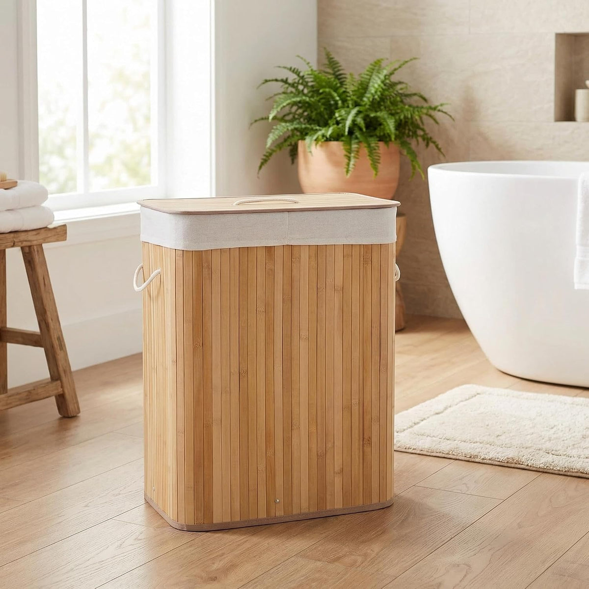 Corner Bamboo Laundry Hamper with Lid – 15.3 Gal / 58 L Large Capacity Laundry Basket, Removable Machine Washable Liner, Sturdy Handles, for Bedroom, Bathroom, Laundry Room, Natural