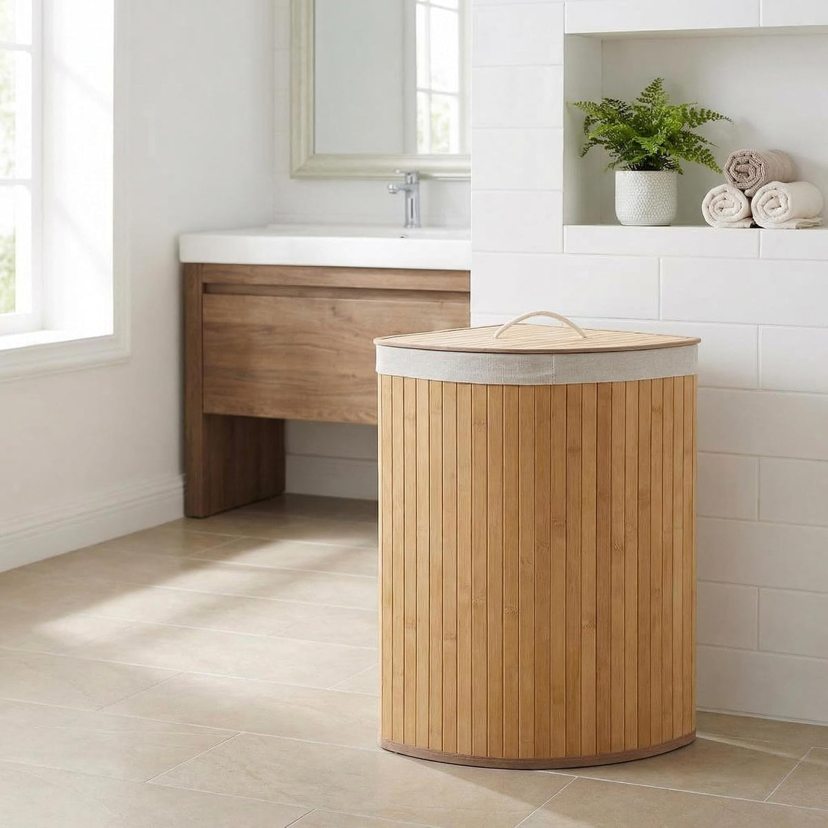 Corner Bamboo Laundry Hamper with Lid – 15.3 Gal / 58 L Large Capacity Laundry Basket, Removable Machine Washable Liner, Sturdy Handles, for Bedroom, Bathroom, Laundry Room, Natural