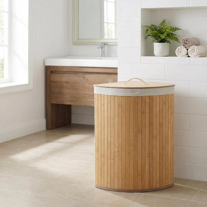 Corner Bamboo Laundry Hamper with Lid – 15.3 Gal / 58 L Large Capacity Laundry Basket, Removable Machine Washable Liner, Sturdy Handles, for Bedroom, Bathroom, Laundry Room, Natural