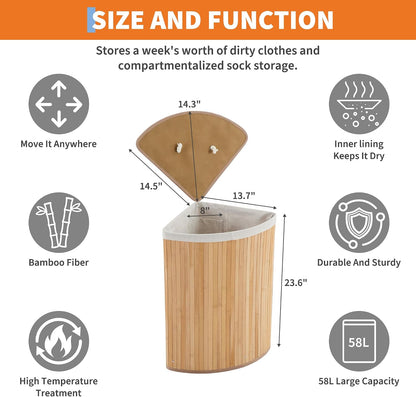 Corner Bamboo Laundry Hamper with Lid – 15.3 Gal / 58 L Large Capacity Laundry Basket, Removable Machine Washable Liner, Sturdy Handles, for Bedroom, Bathroom, Laundry Room, Natural