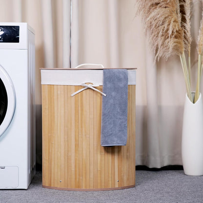 Corner Bamboo Laundry Hamper with Lid – 15.3 Gal / 58 L Large Capacity Laundry Basket, Removable Machine Washable Liner, Sturdy Handles, for Bedroom, Bathroom, Laundry Room, Natural
