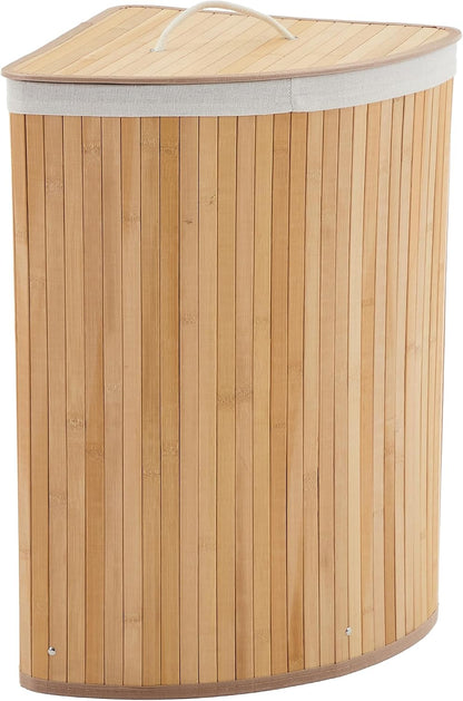 Corner Bamboo Laundry Hamper with Lid – 15.3 Gal / 58 L Large Capacity Laundry Basket, Removable Machine Washable Liner, Sturdy Handles, for Bedroom, Bathroom, Laundry Room, Natural